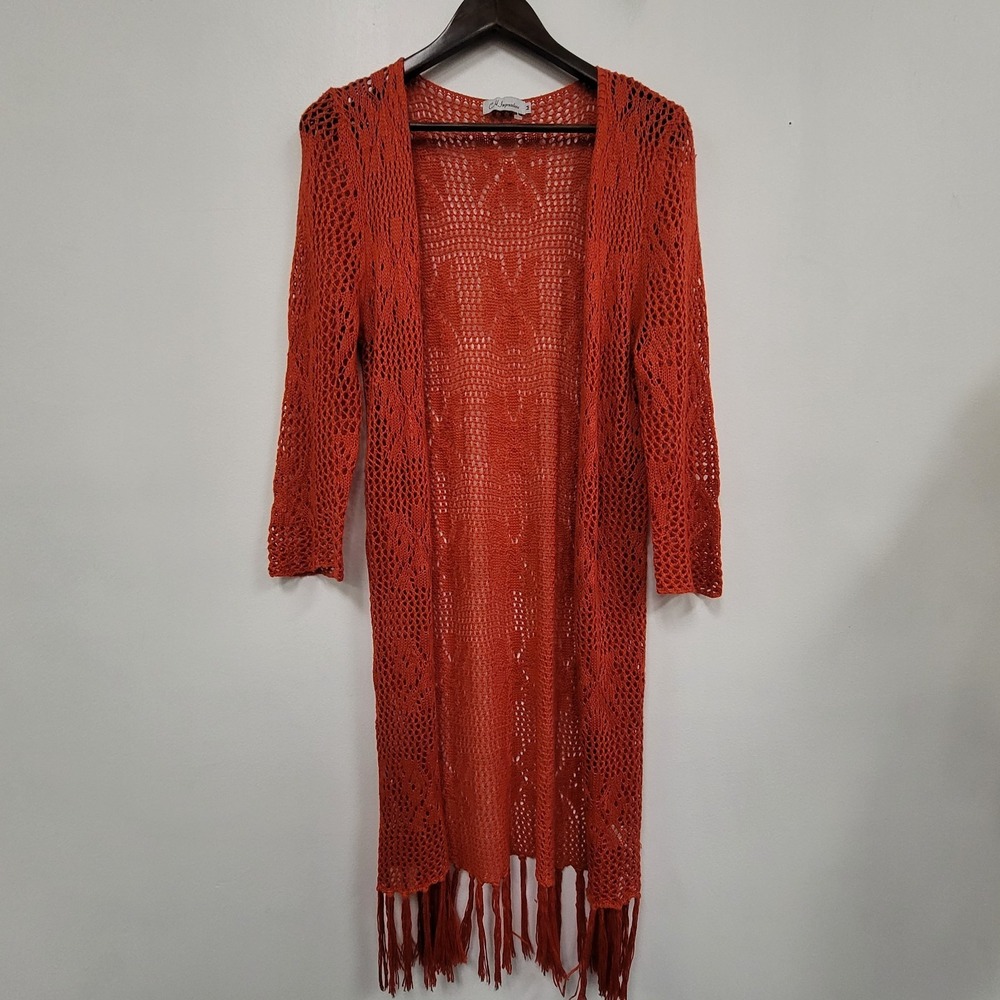 CH Impressions‎ Womens Open Knit Duster Cardigan Size M Orange Fringe Festival